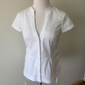 Bebe White Short Sleeve Blouse with Tie-up Detail
